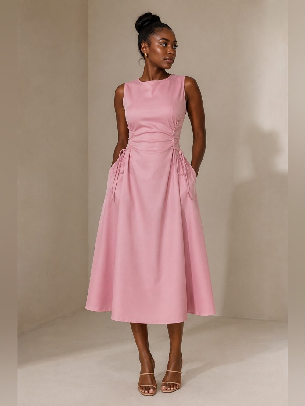 Sleeveless Pink Midi Dress with Side Tie